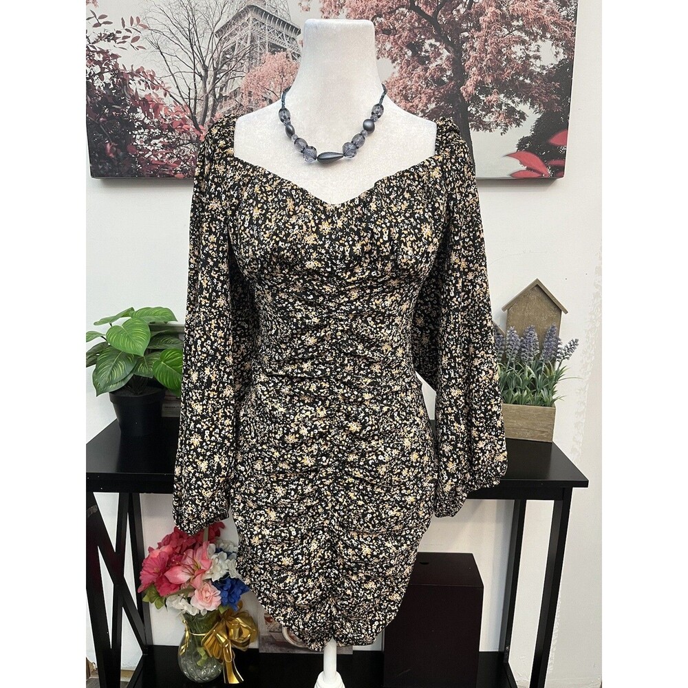 TOPSHOP Floral Ruched Mini Dress Long Sleeve Sweetheart Neck Size US 8 UK 12